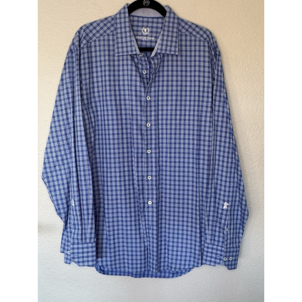 Bugatchi Uomo Button Down Shirt Mens 18 Blue Plaid Check Long Sleeve Luxury